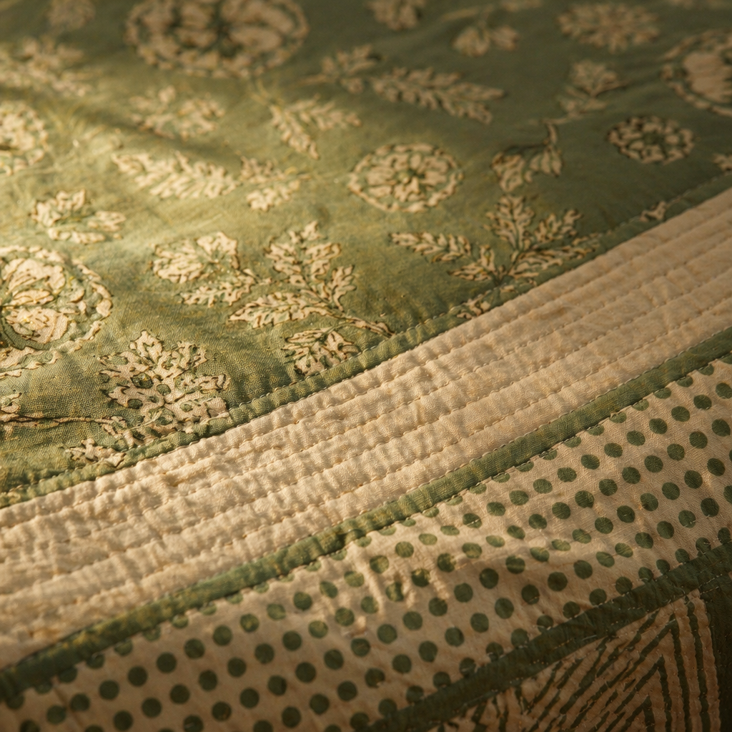 Teal & Off-White Jaipuri Marigold Bedsheet, The Linen Room. Handmade in India by House of Taraasha.