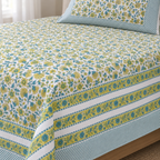 Yellow Green Floral Bedsheet Set, close-up of the print, border and pillow cover