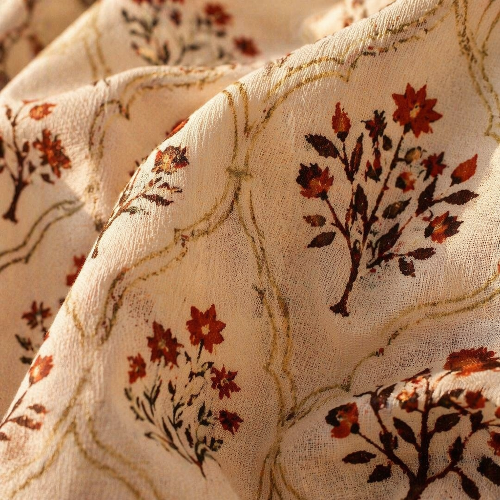 Royal Courtyards Rust & Maroon Printed-Sheer Set of Three, The Draped Window. Handmade in India by House of Taraasha.