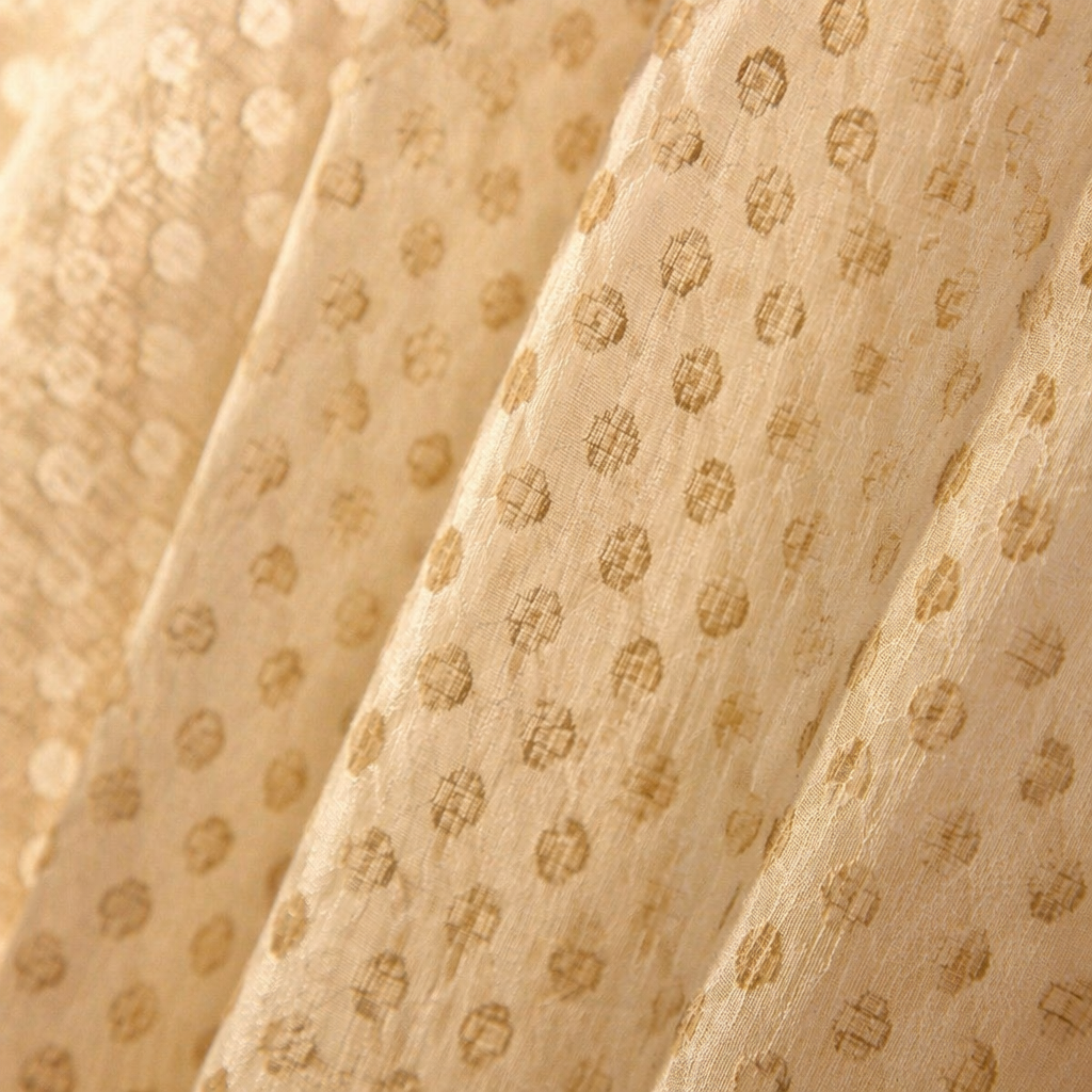 Chanderi Dot Handwoven Missing-Weave Semi-Sheer Curtain, The Draped Window. Handmade in India by House of Taraasha.