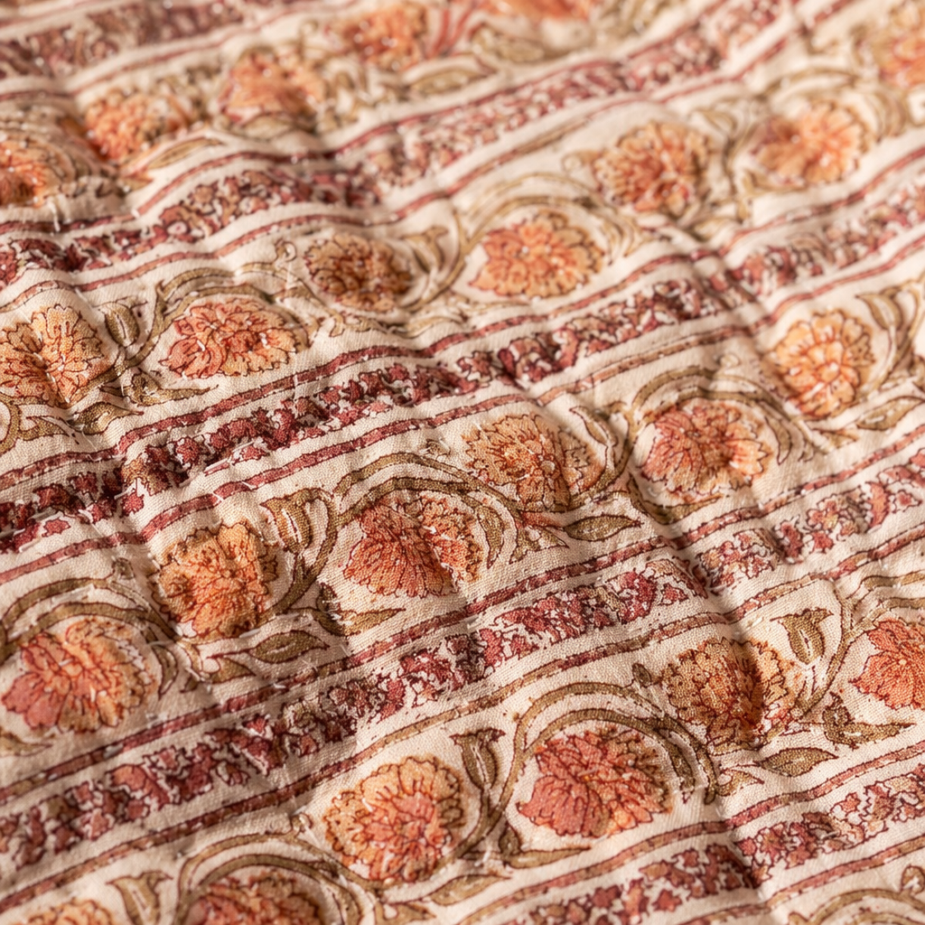 Dusty Pink Floral & Geometric Mulmul Quilt, The Linen Room. Handmade in India by House of Taraasha.