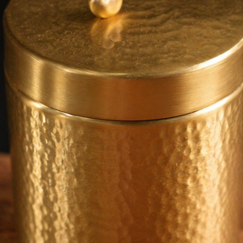 Moradabad Hammered Pure Brass Dabba, Medium, The Brass Atelier. Handmade in India by House of Taraasha.