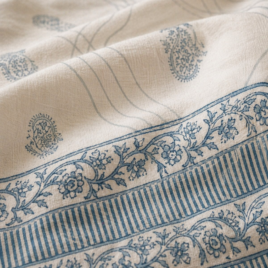 Sanganer Blue Mulmul Cotton Quilted Comforter, The Linen Room. Handmade in India by House of Taraasha.