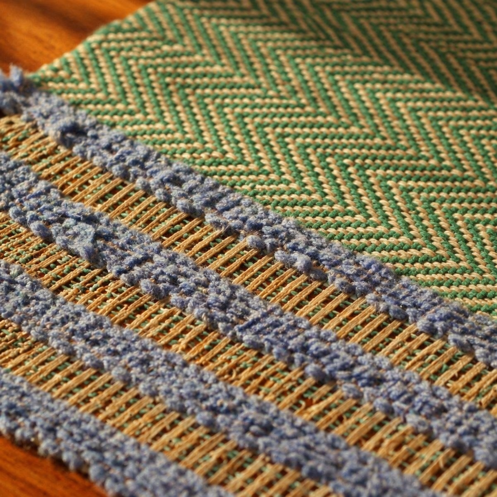 Powder Blue & Aqua Green Madur Grass Table Mat, The Gathered Table. Handmade in India by House of Taraasha.