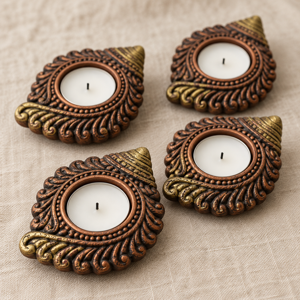 Shankh: Conch Terracotta Tea Light Holders, Set of 4 or 2