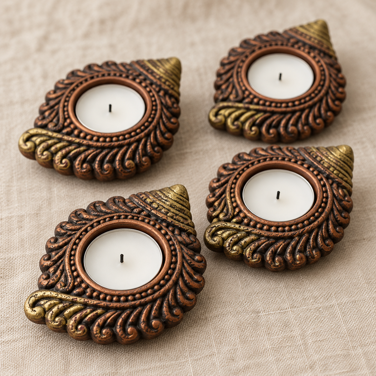 Shankh: Conch Terracotta Tea Light Holders, Set of 4 or 2
