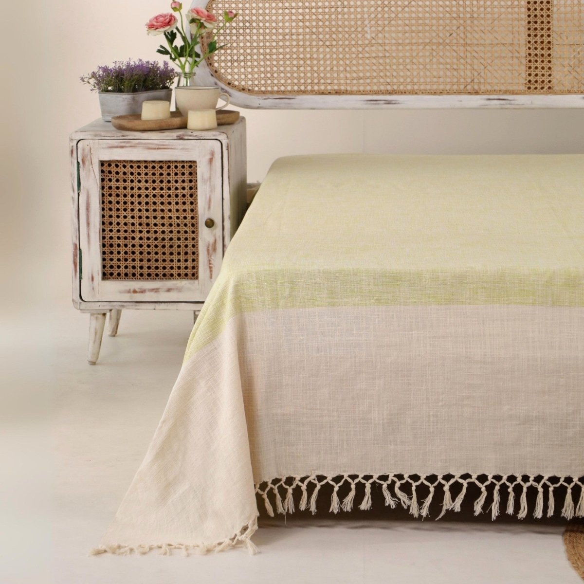 Cotton Bed Cover In Beige And Leaf Green | Queen Size | Handmade In India - 92 x 102 inches / Pure Cotton / Beige and Leaf Green
