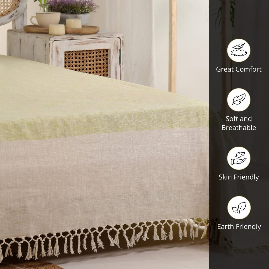 Cotton Bed Cover In Beige And Leaf Green | Queen Size | Handmade In India - 92 x 102 inches / Pure Cotton / Beige and Leaf Green