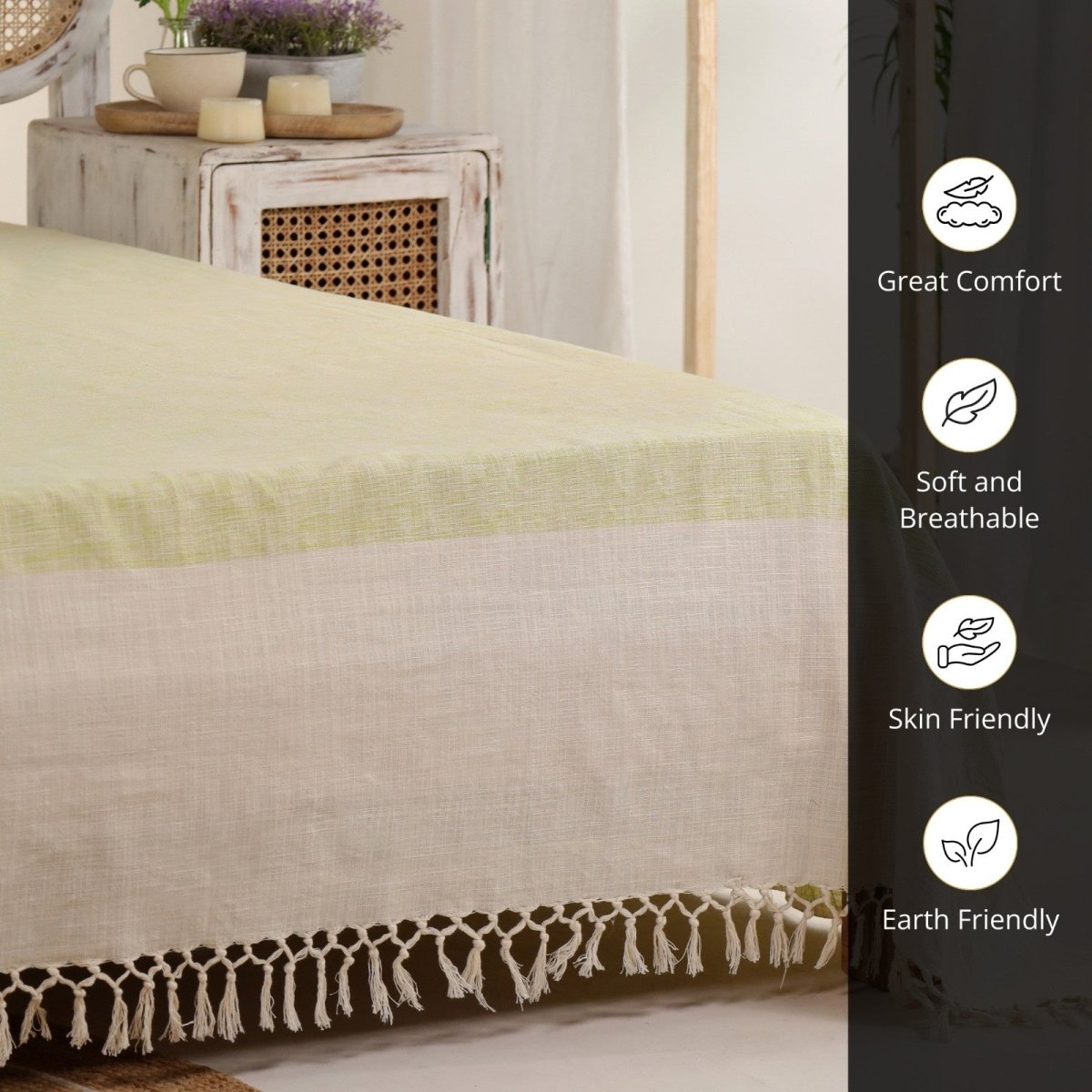 Cotton Bed Cover In Beige And Leaf Green | Queen Size | Handmade In India - 92 x 102 inches / Pure Cotton / Beige and Leaf Green