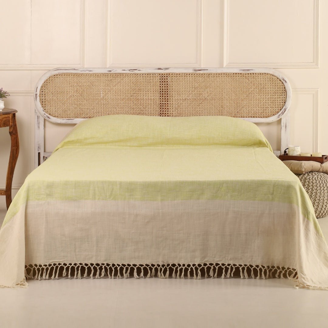 Cotton Bed Cover In Beige And Leaf Green | Queen Size | Handmade In India - 92 x 102 inches / Pure Cotton / Beige and Leaf Green