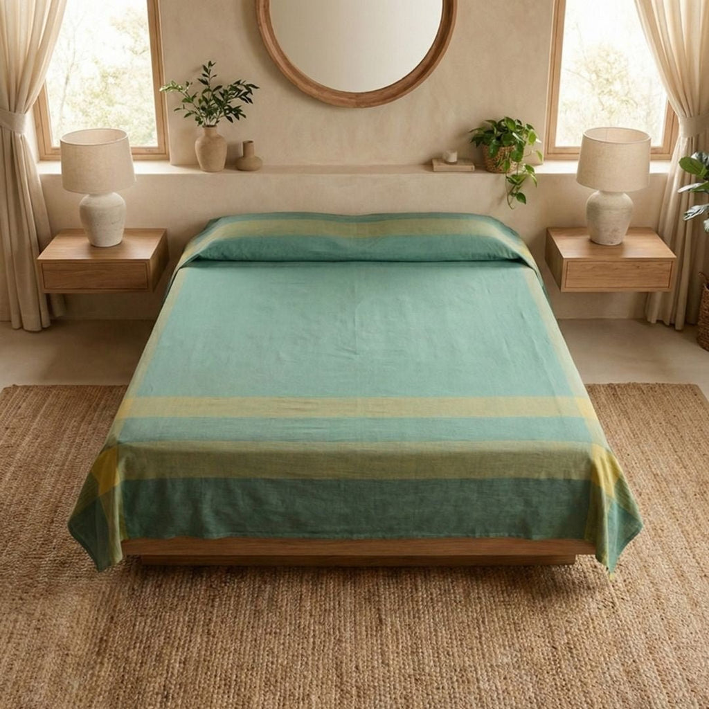 Cotton Bed Cover in Teal Colour Handwoven in Pure Cotton