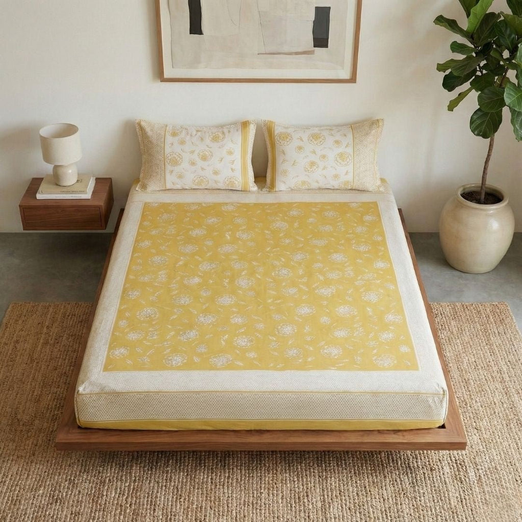 Cotton Bed sheet with Pillow Cover in Mustard and Off White | Queen Size 90 x 108 Inches| Pure Cotton