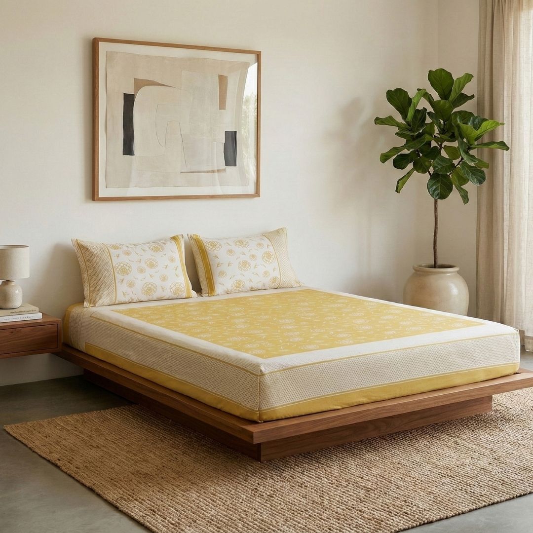 Cotton Bed sheet with Pillow Cover in Mustard and Off White | Queen Size 90 x 108 Inches| Pure Cotton