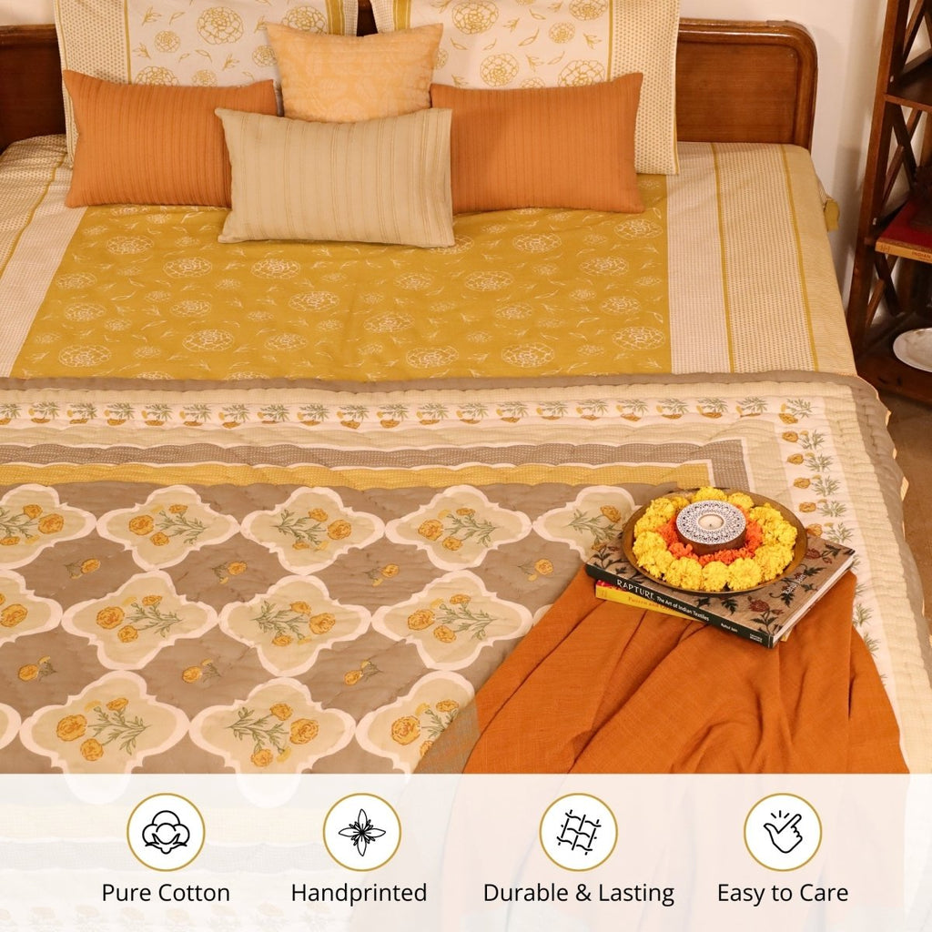 Cotton Bed sheet with Pillow Cover in Mustard and Off White | Queen Size 90 x 108 Inches| Pure Cotton