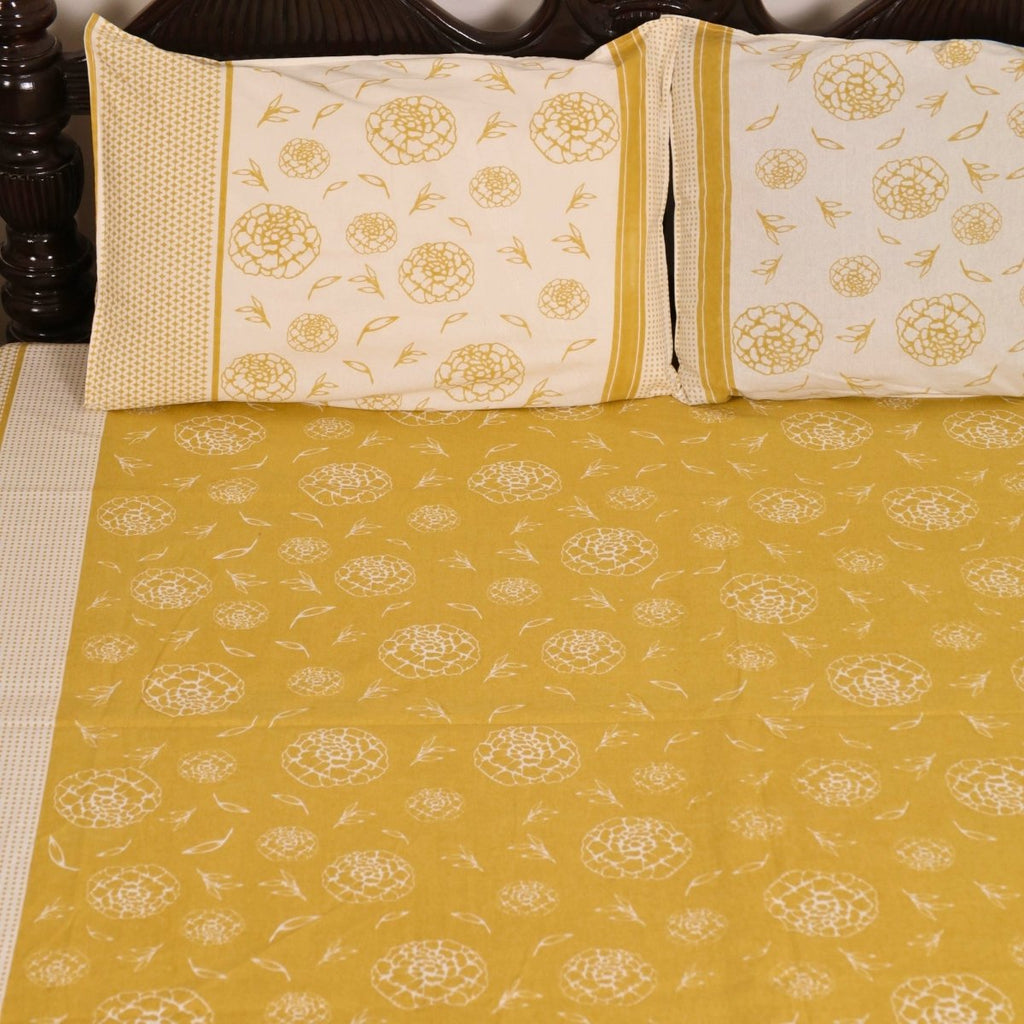 Cotton Bed sheet with Pillow Cover in Mustard and Off White | Queen Size 90 x 108 Inches| Pure Cotton