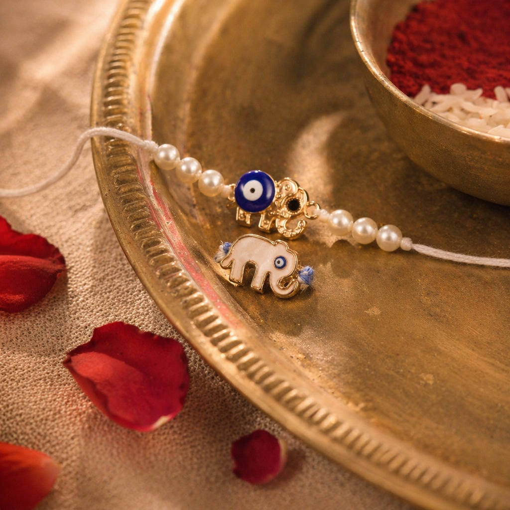 Hand-Beaded Elephant Evil Eye — Rakhi Set