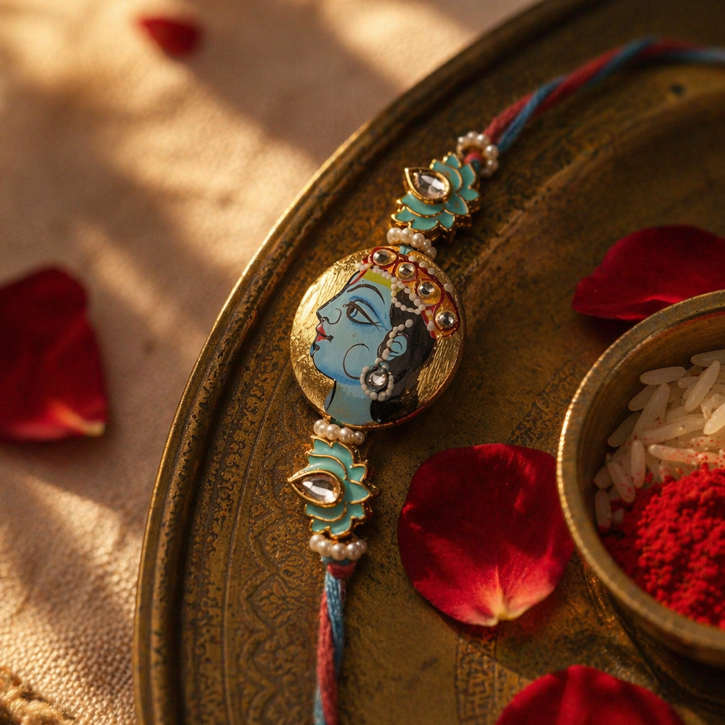 Hand-Painted Radha Krishna — Bhaiya-Bhabhi Rakhi Set