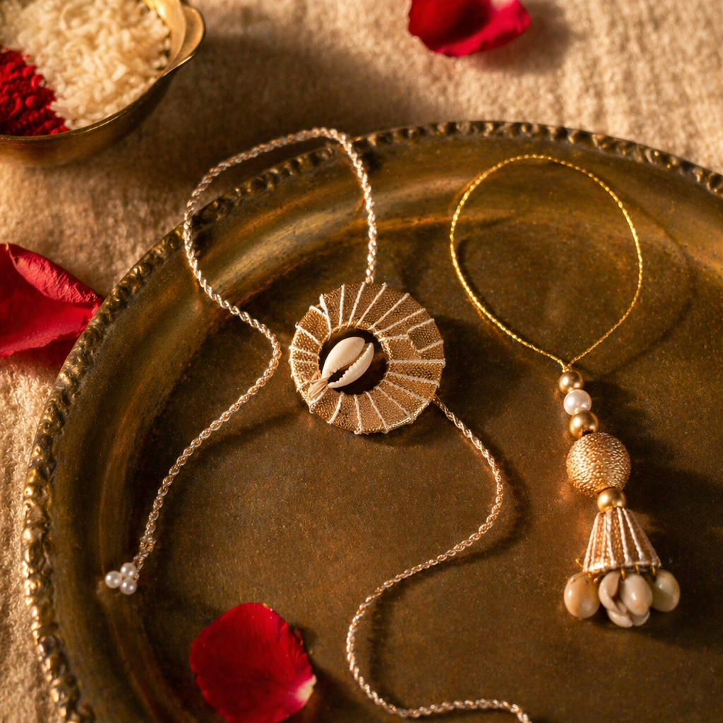 Hand-Strung — Gold Gota Cowrie Rakhi & Lumba