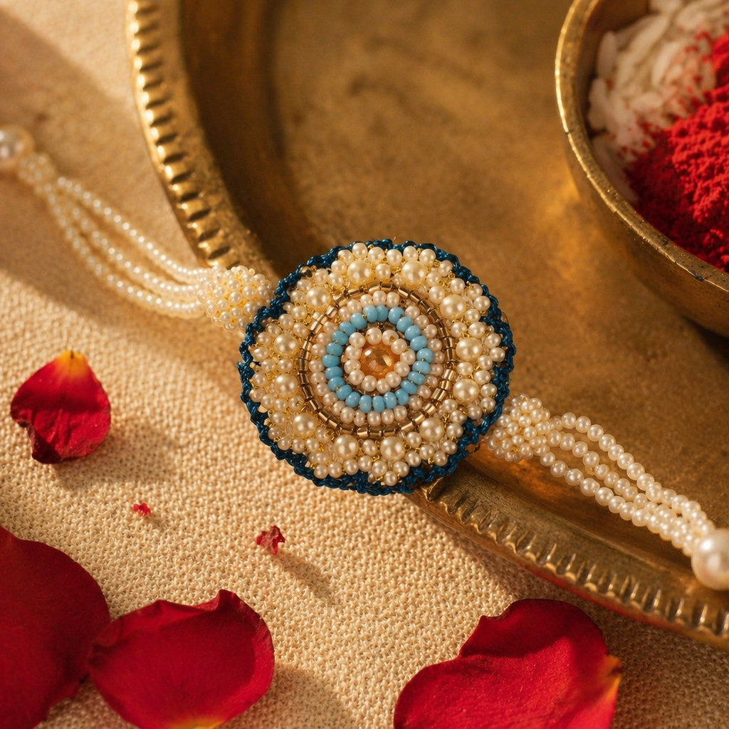 Floral Pearl — Hand-Embroidered Rakhi