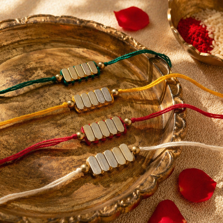 Hand-Strung Cast Brass — Rectangle Bead Rakhi