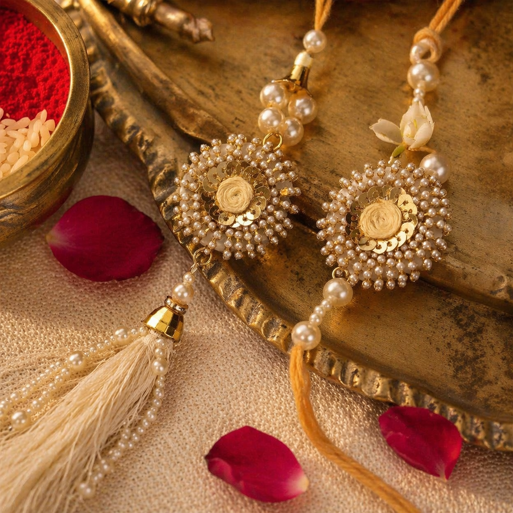 Hand-Strung Golden Cowry — Bhaiya-Bhabhi Rakhi Duo