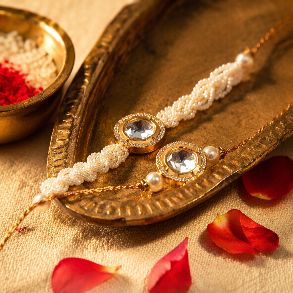 Handcrafted Polki Pearl — Bhaiya-Bhabhi Rakhi Hamper