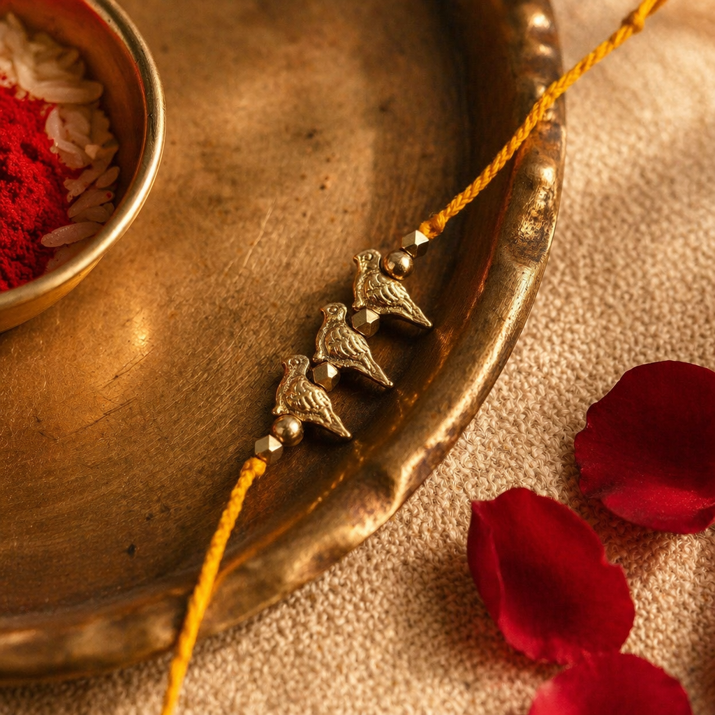Mustard Birdie — Handcrafted Brass Rakhi