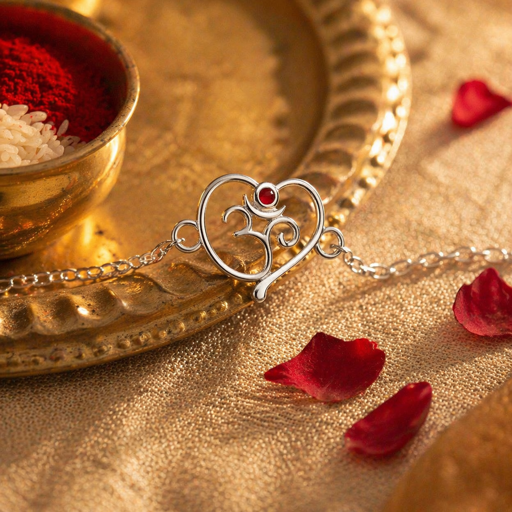 Handcrafted Heart & Om — Sterling Silver Chain Rakhi