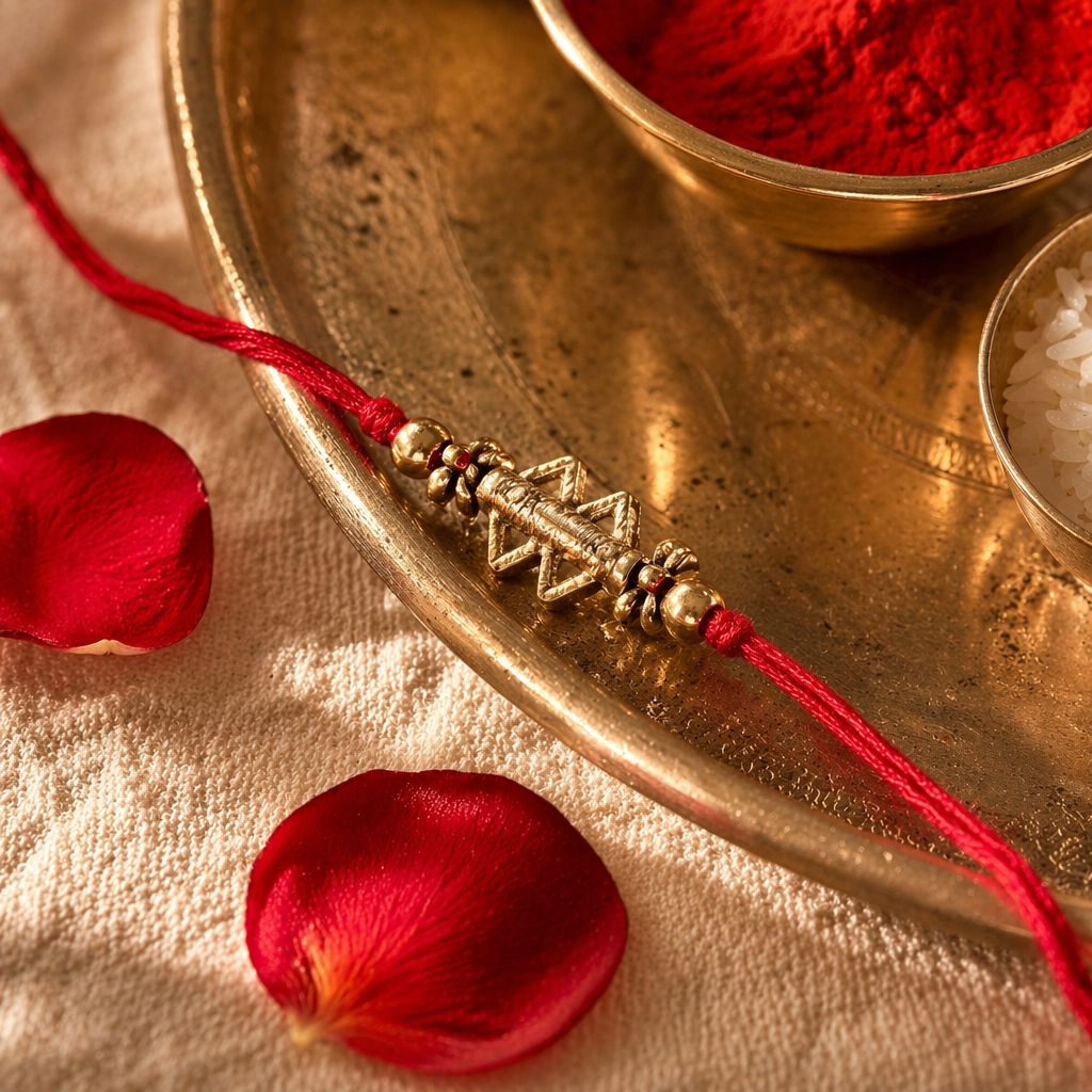 Hand-Strung Cast Brass — Beaded Rakhi on Red Cord