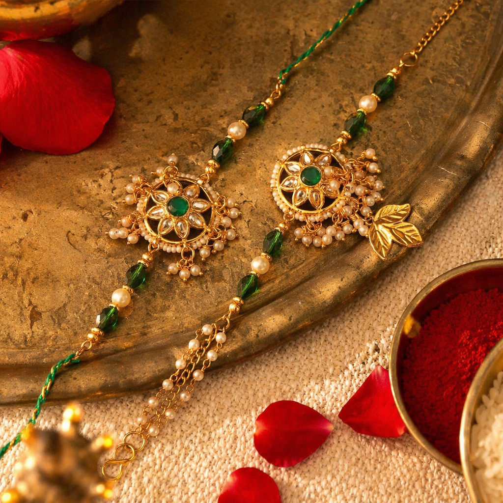 Green Kundan — Handcrafted Bhaiya-Bhabhi Rakhi Duo