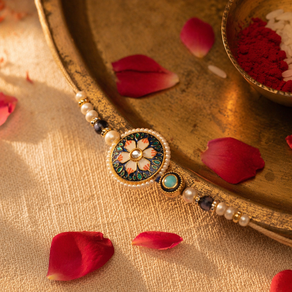 Hand-Painted Meenakari — Lotus Rakhi Set