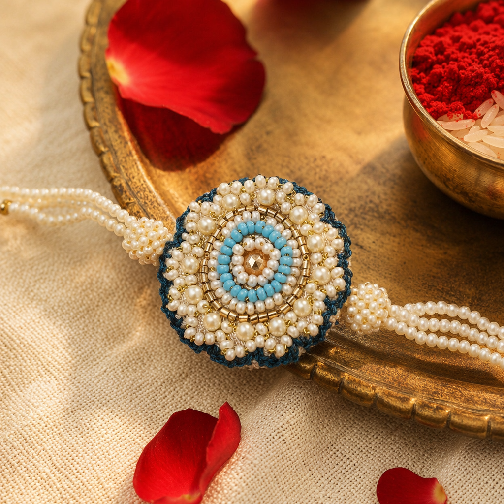 White-Blue Floral — Handmade Beaded Rakhi