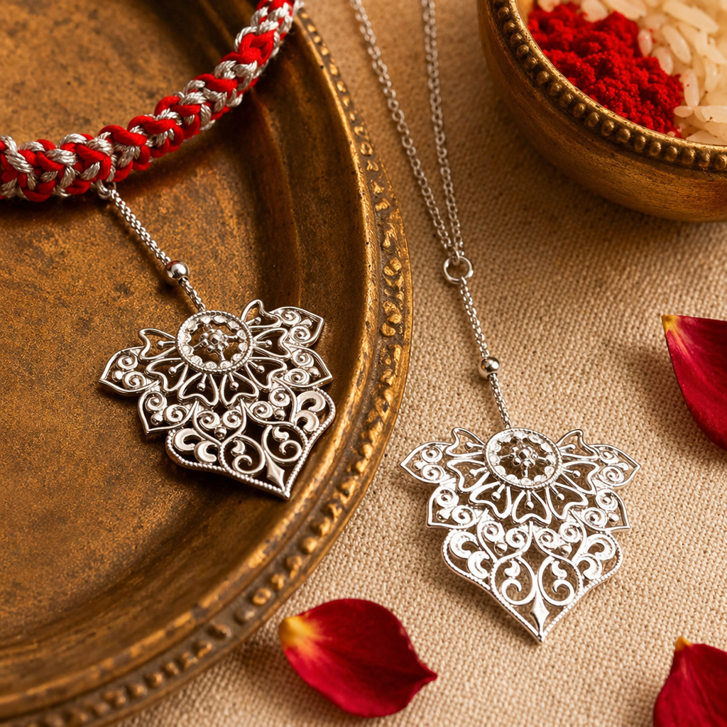 Hand-Wrought Filigree — Silver Lumba Rakhi for Bhabhi