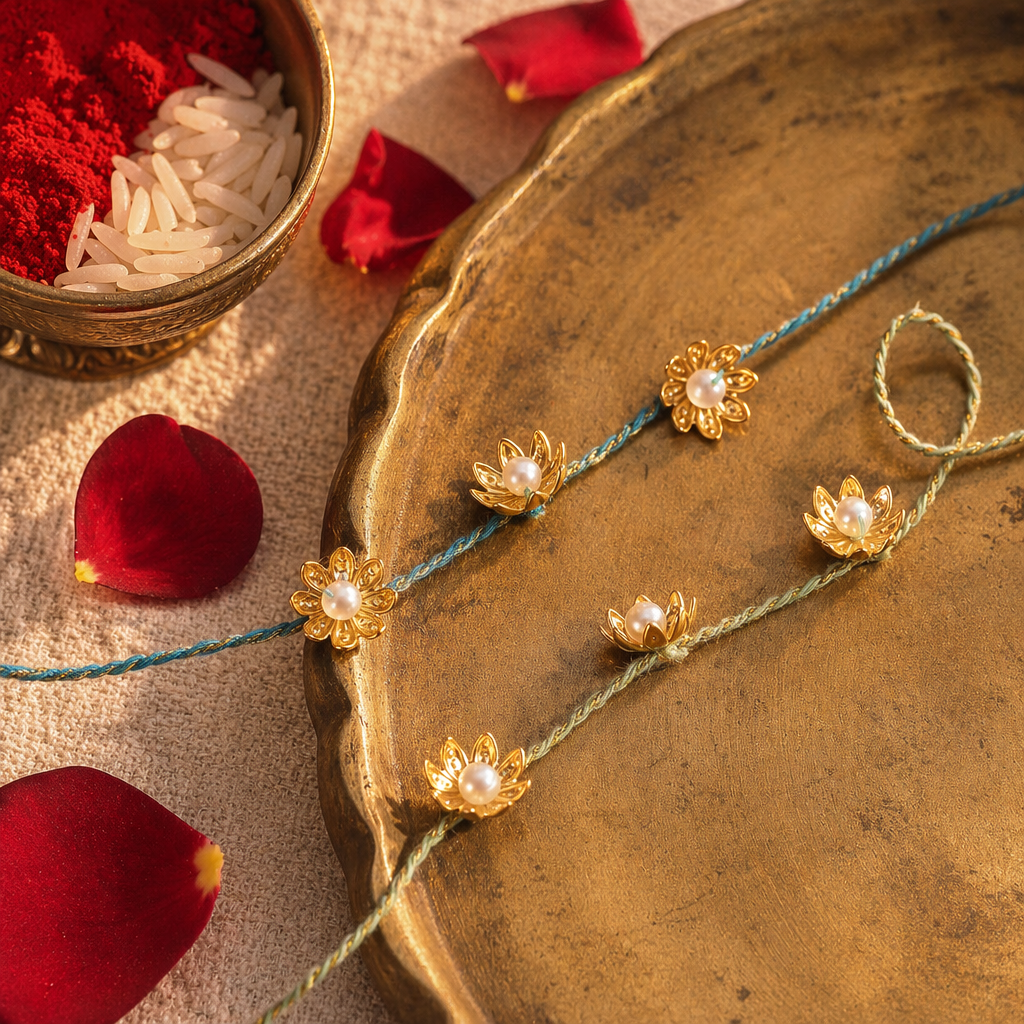 Gold Gul — Hand-Strung Pearl Flower Rakhi Set