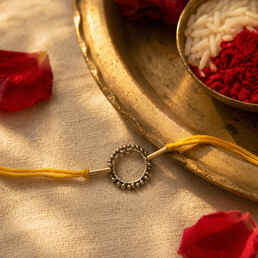 Handcrafted — Brass Circle Rakhi in Yellow