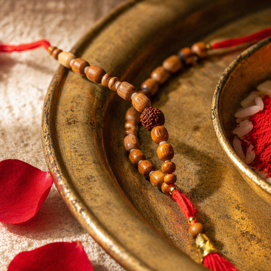 Hand-Strung Rudraksha — Thread Rakhi for Brother