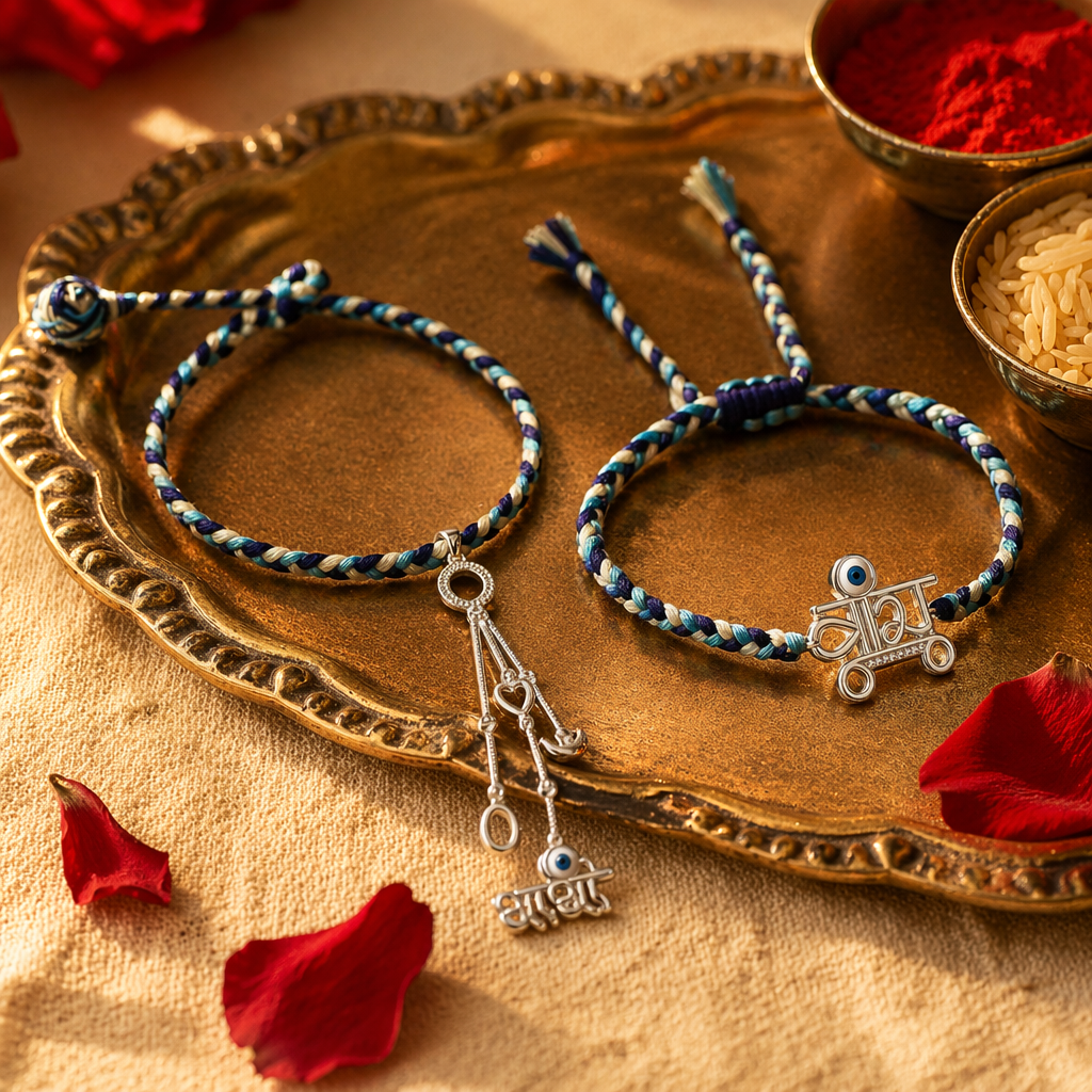Hand-Finished Sterling Evil Eye — Bhaiya-Bhabhi Rakhi Set