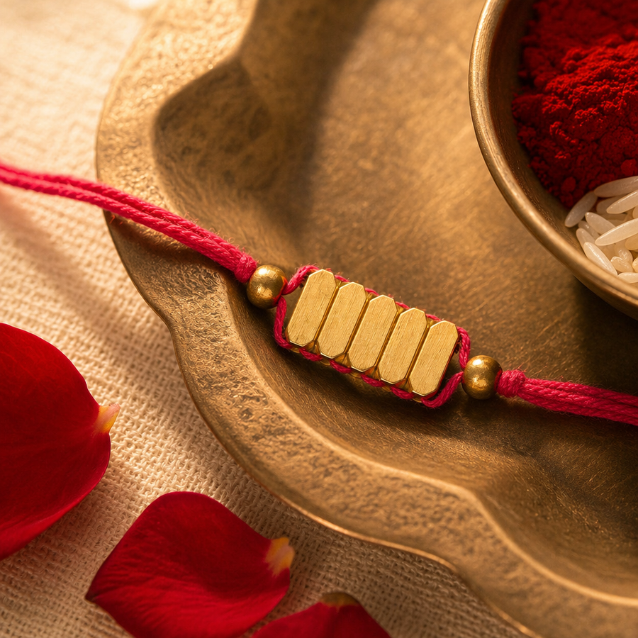 Hand-Strung English Tint — Rectangle Brass Bead Rakhi