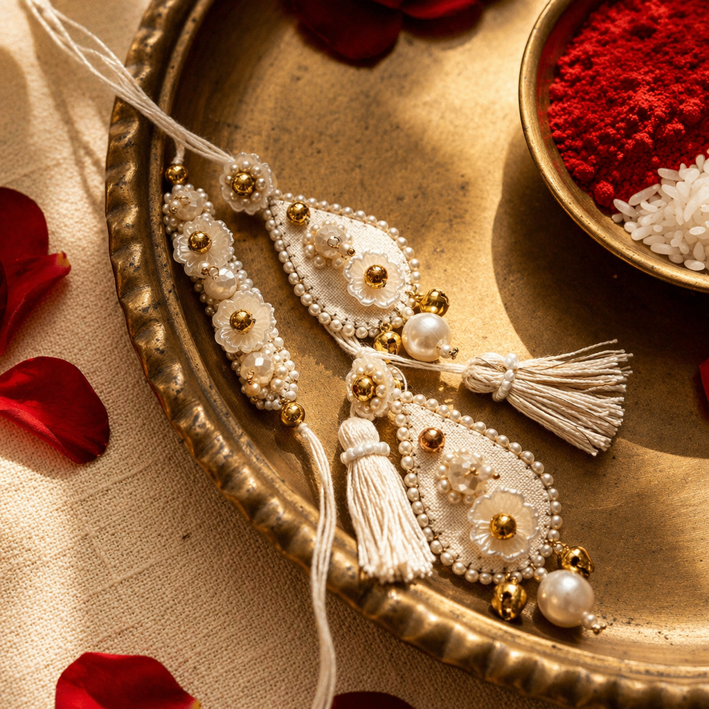 Ivory Bloom — Hand-Embroidered Rakhi Duo