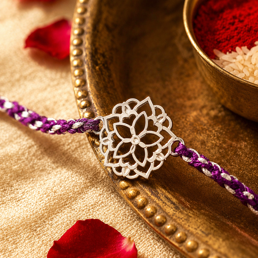 Handcrafted Lotus — Sterling Silver Rakhi