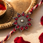 Hand-Set Kundan — Pearl & Red Stone Lumba Rakhi