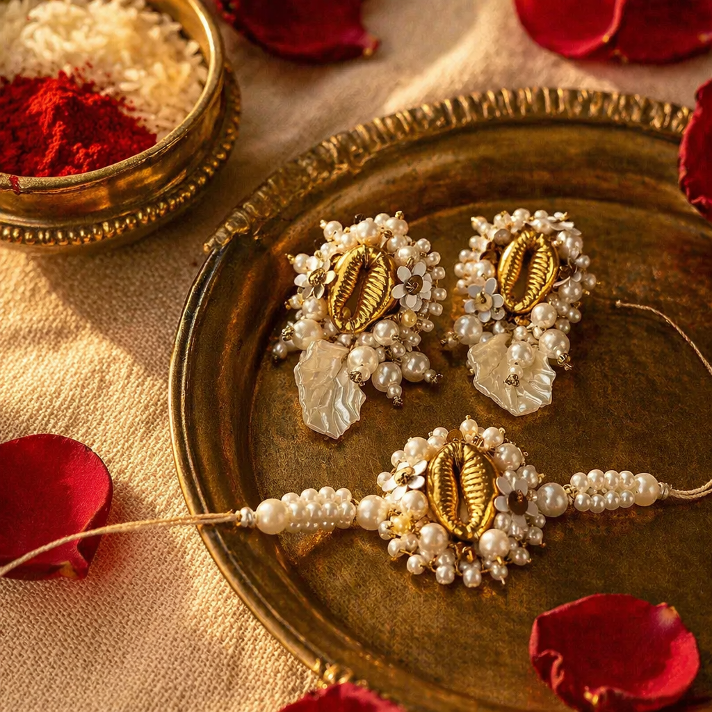 Hand-Embroidered Shell — Convertible Lumba Earring Rakhi