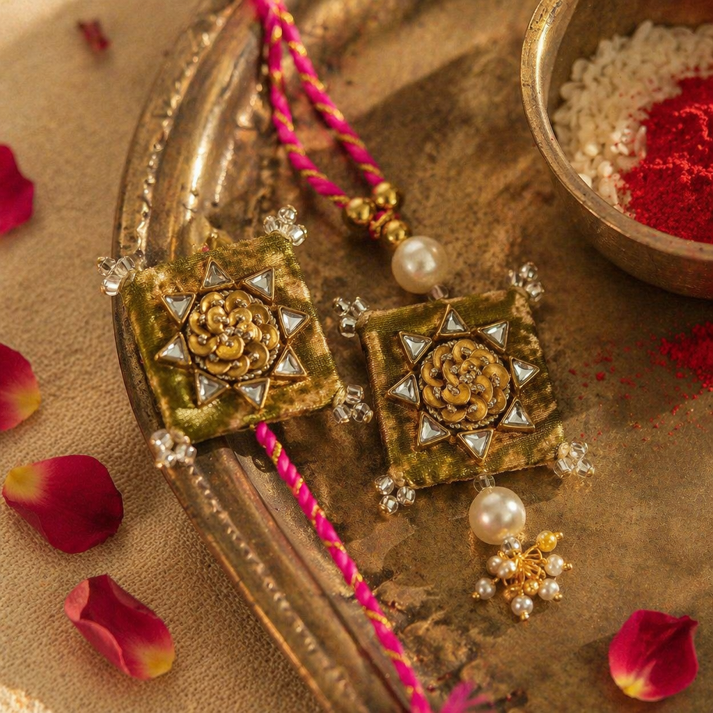 Mirror & Kundan — Hand-Embroidered Bhaiya-Bhabhi Rakhi Set
