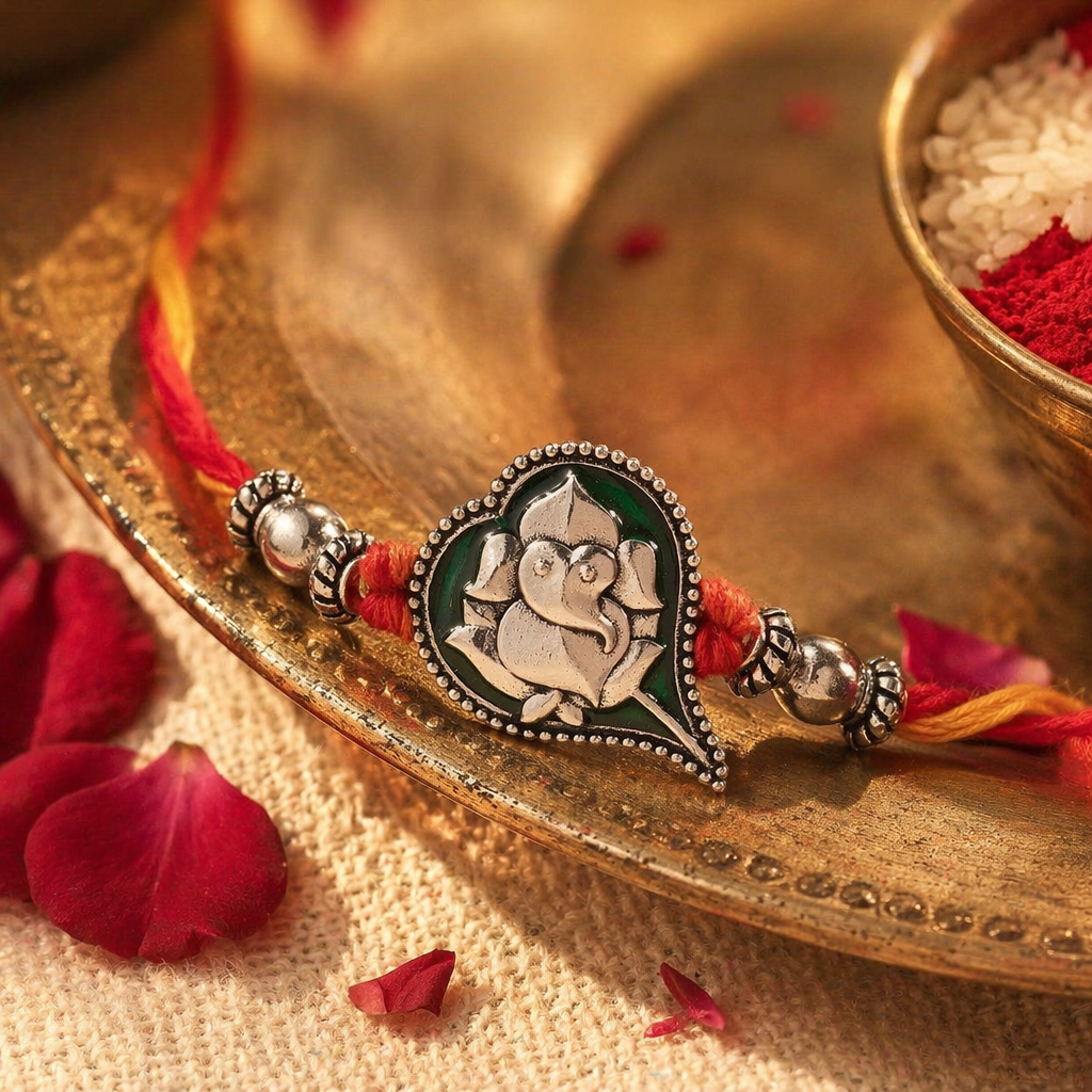 Hand-Finished Paan-Leaf Ganesha — Enamel Brass Rakhi