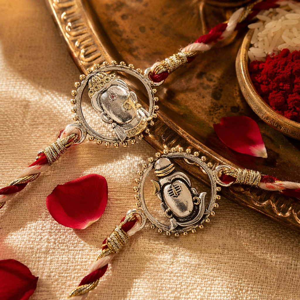 Handcrafted Trishul & Ganesha — Bhaiya-Bhabhi Rakhi Set