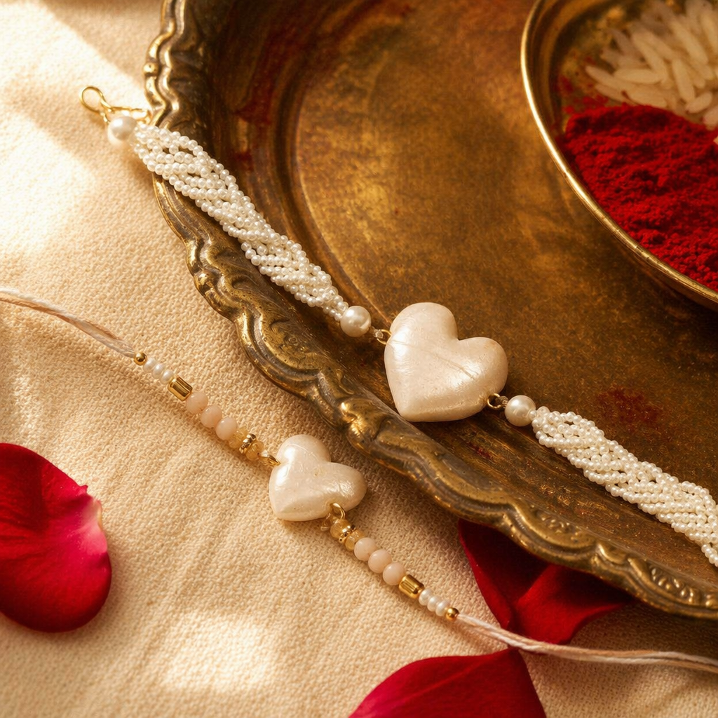 Pearl Heart — Handcrafted Bhaiya-Bhabhi Rakhi Duo