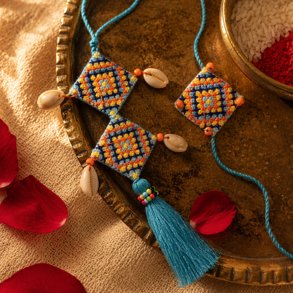 Hand-Embroidered — Blue Cowrie Rakhi & Lumba