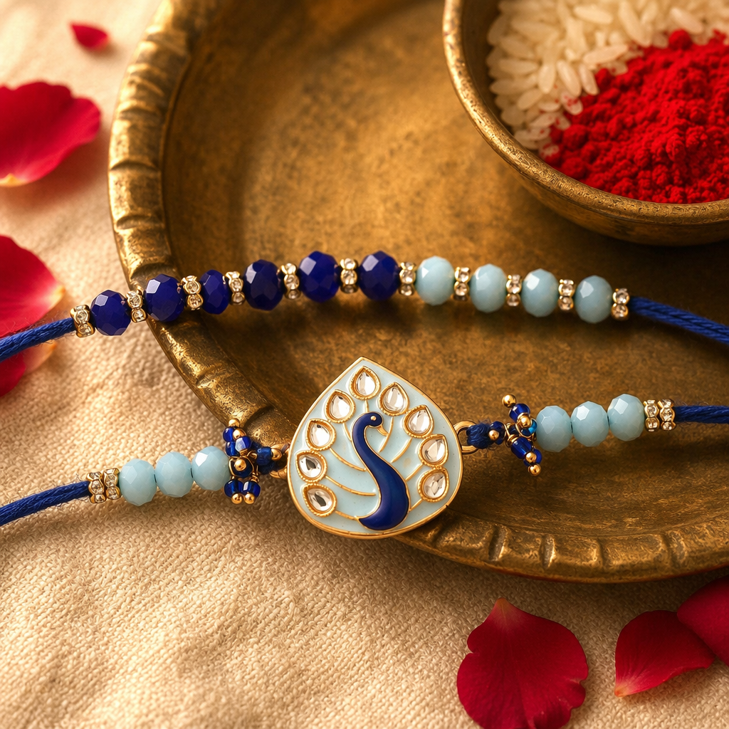 Meenakari Peacock — Hand-Set Rakhi Duo