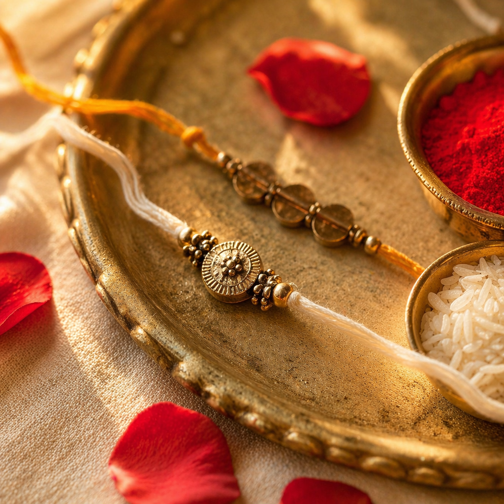 Hand-Strung Cast Brass — Beaded Trio Rakhi