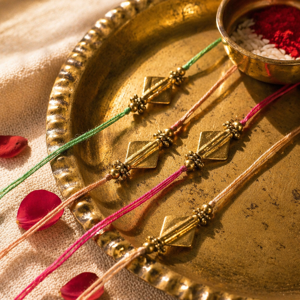 Hand-Strung Faceted Brass — Diamond Bead Rakhi